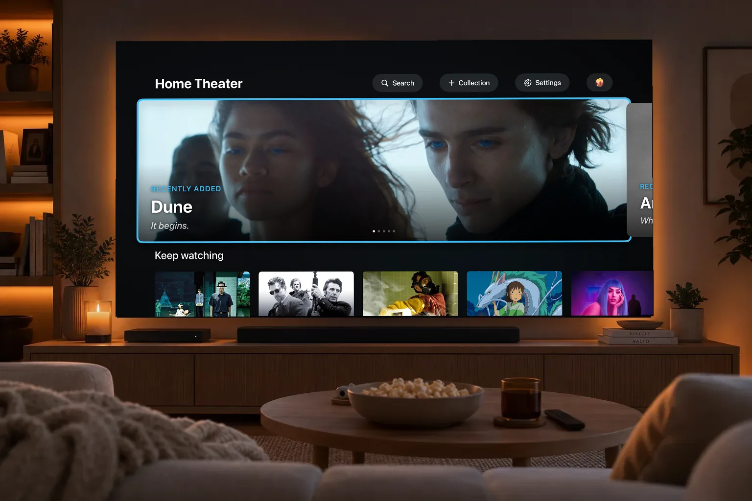 A living room at night with Multipass on the TV, showing a recently added film and a Keep watching row