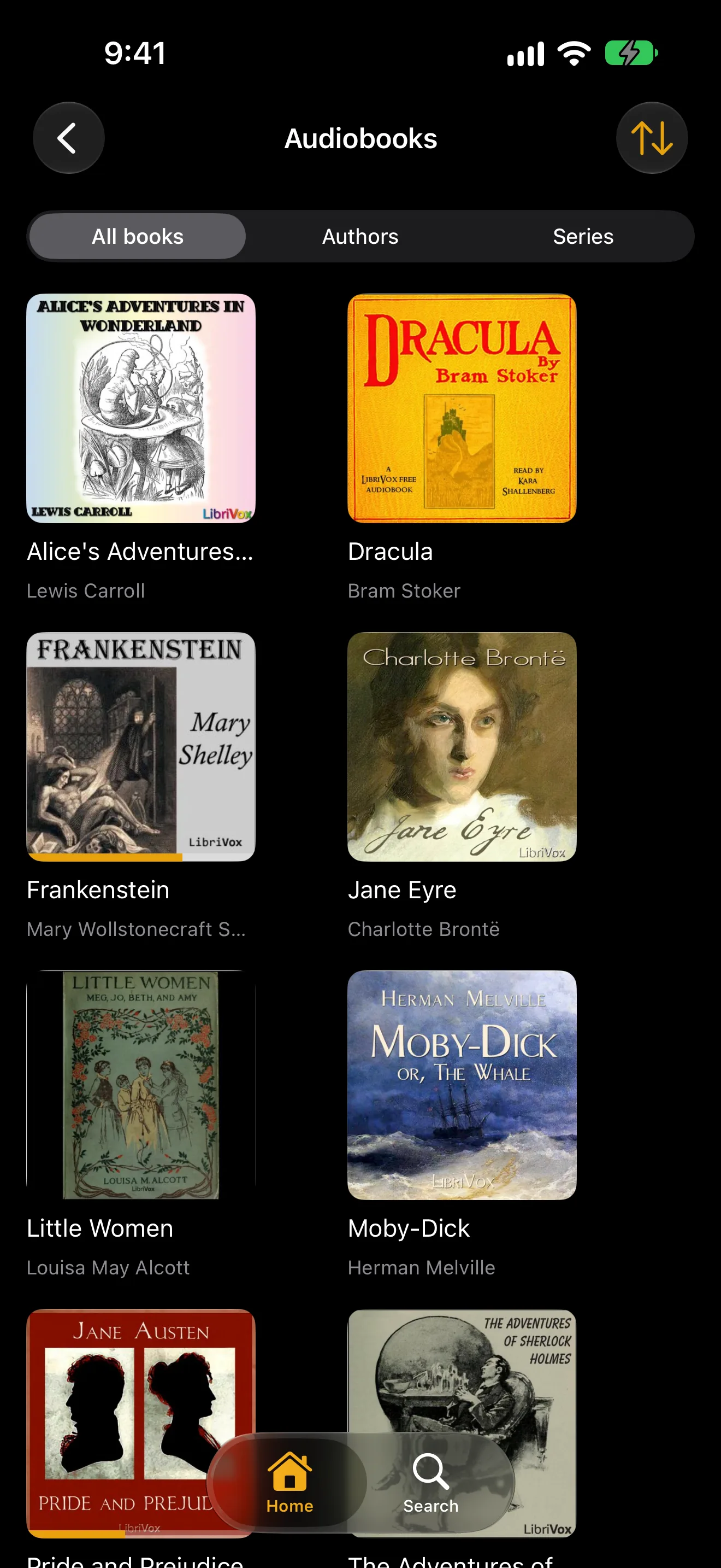 An iPhone audiobook library of public-domain LibriVox classics, shown as a grid of covers.