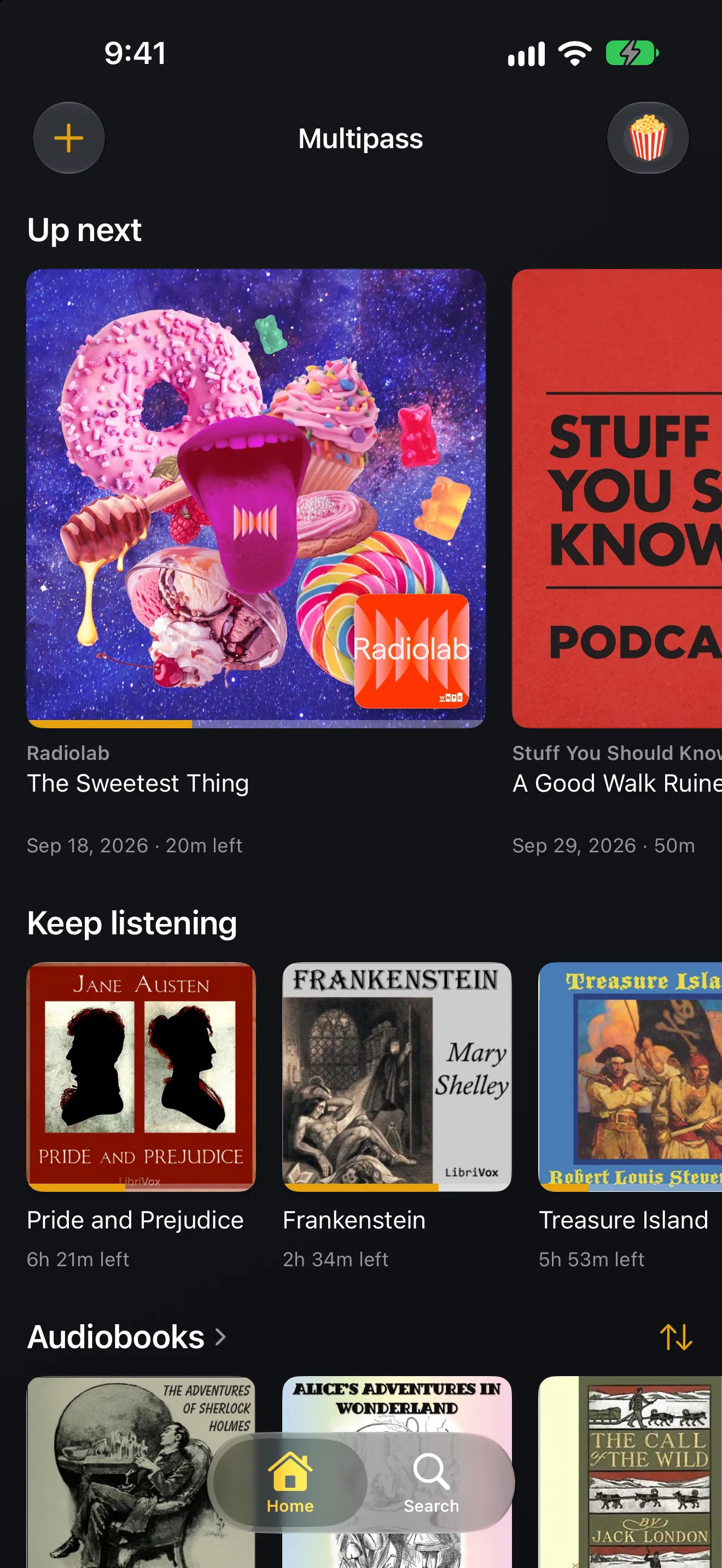 Multipass home on iPhone: an Up next row of podcast episodes, Radiolab's in progress with the show's art in the corner, above Keep listening with three LibriVox audiobooks.