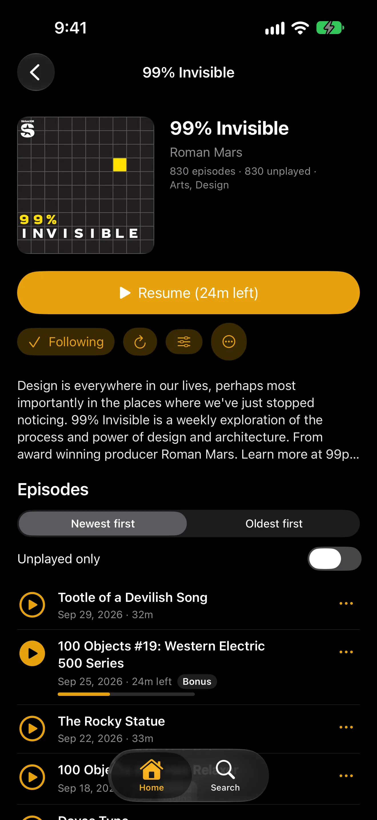 The 99% Invisible podcast page on iPhone, followed, with its newest episodes and one in progress.