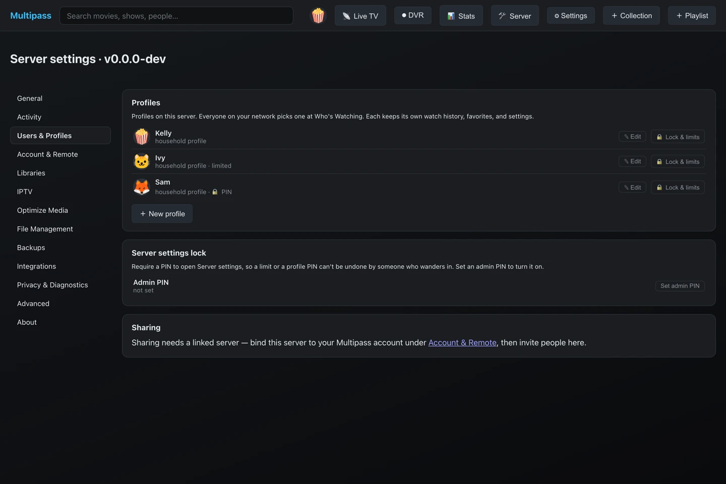 The Users and Profiles panel in the server settings