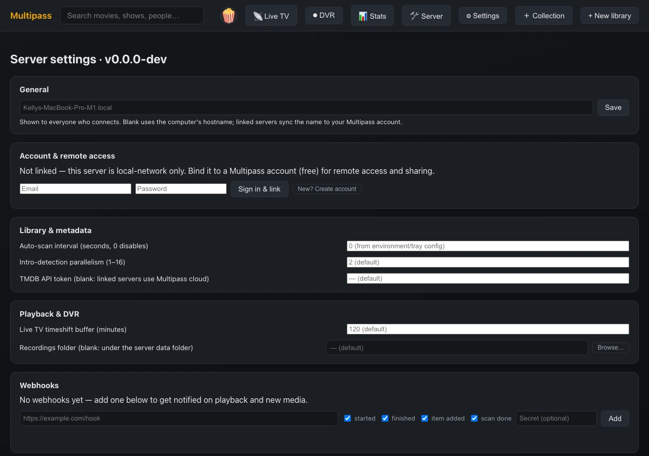 The server settings hub in the browser