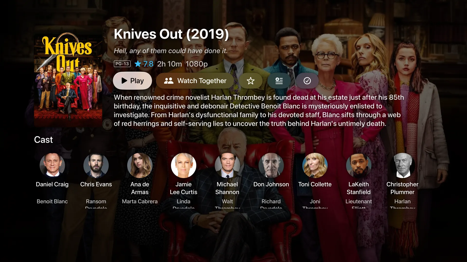 A film detail page on Apple TV with artwork, cast, and playback options