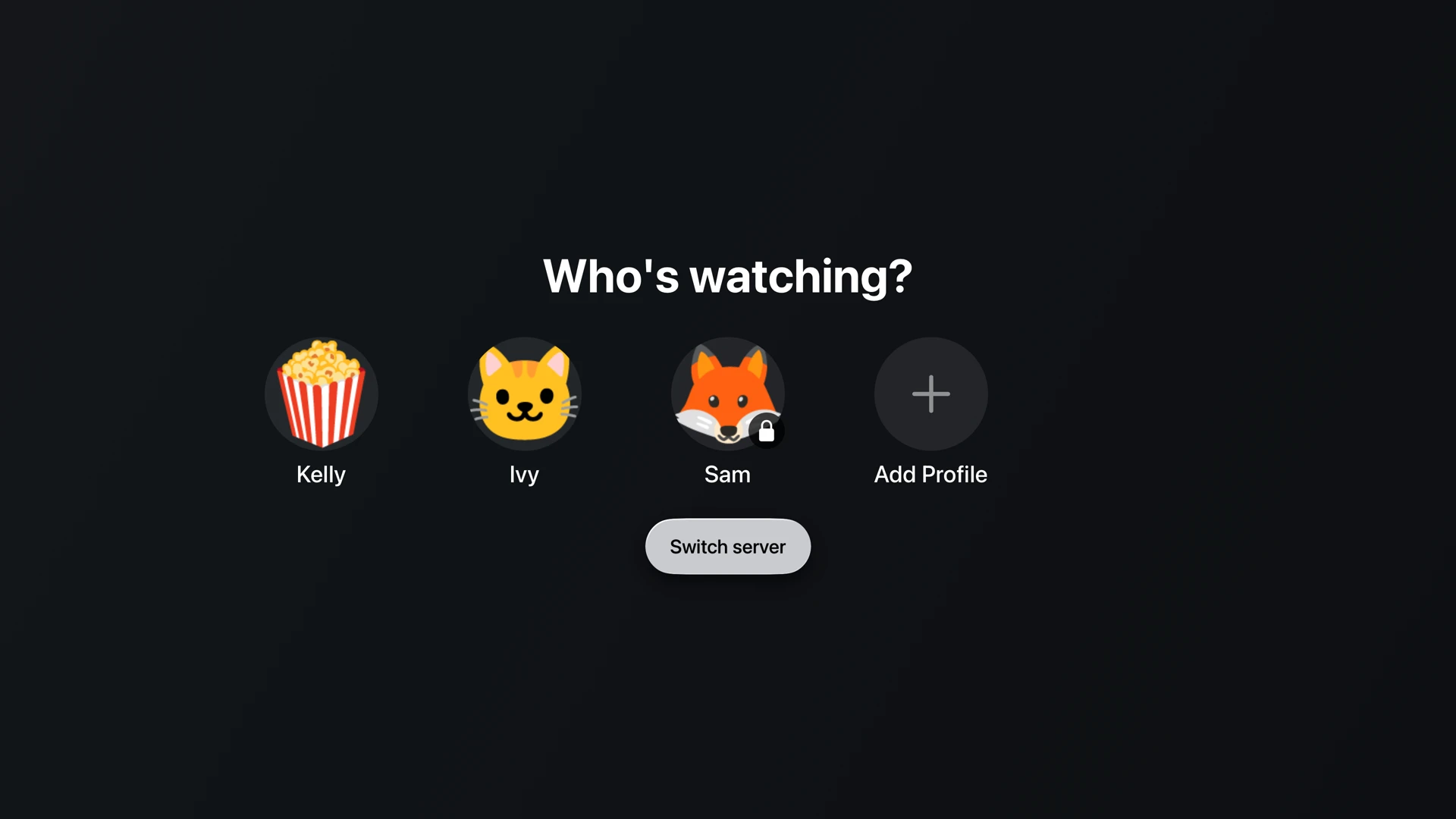 The who is watching screen on Apple TV, with three profiles, one of them PIN-locked